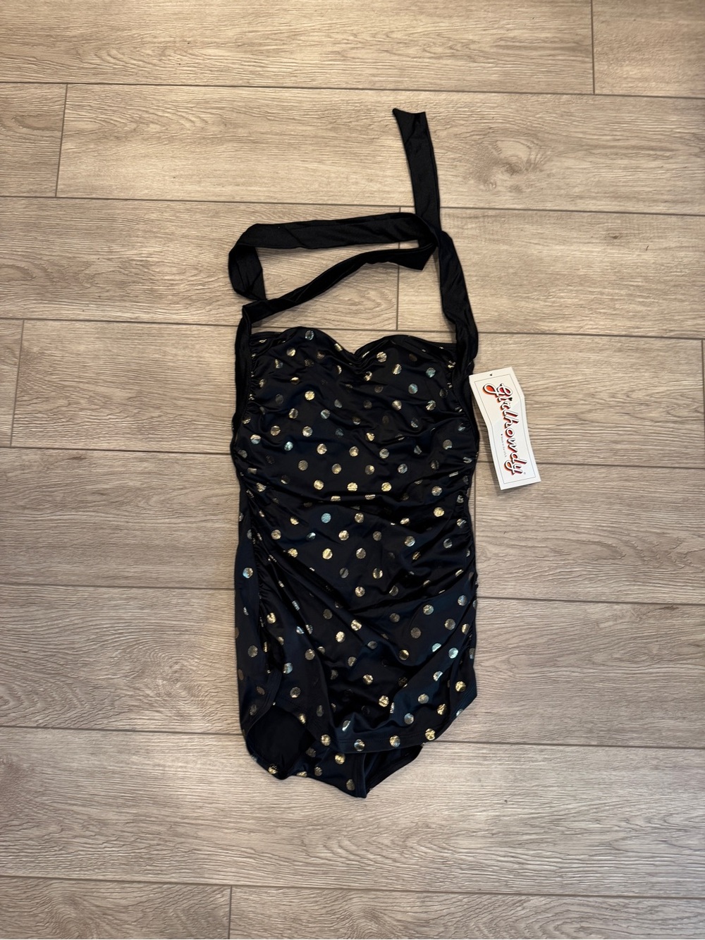 Black Halter One-Piece Swimsuit with Gold Dot Accents